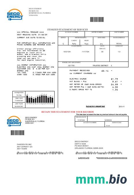 USA Florida Seco Energy rachunek za usługi komunalne szablon w formacie Word i PDF